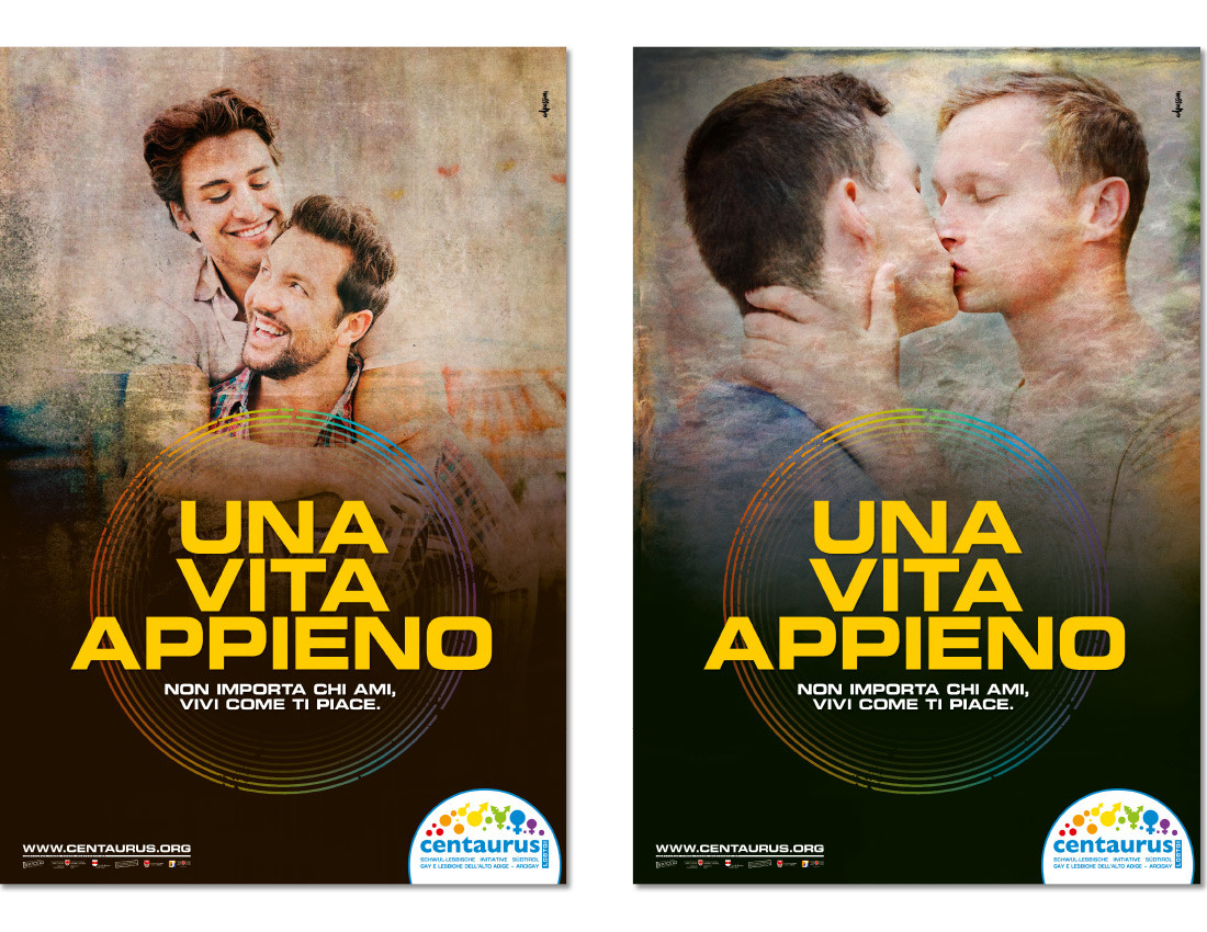 Centaurus manifesti: campagna per la giornata del coming out 2016 con il bacio tra 2 uomini gay (lgbt lgbtiq). Design di Waldemar Kerschbaumer, studio grafico adpassion di Bolzano, Alto Adige.