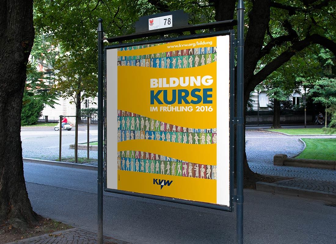 KVW Bildung Plakat Frühling 2016 mit einem Bild von Marcello Bizzarri Südtirol. Konzept vom Grafiker Waldemar Kerschbaumer, Adpassion Design, Bozen