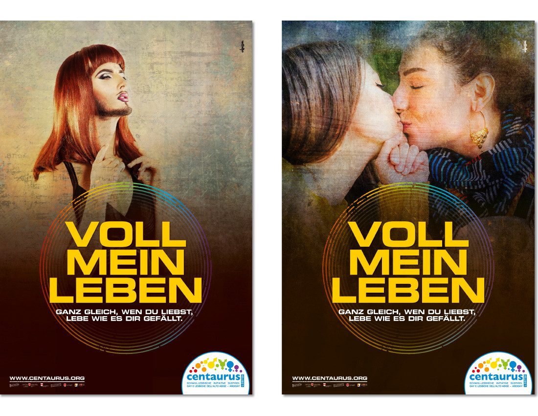 Centaurus Coming Out Plakat-kampagne 2016. 2 lesbische Frauen küssen sich. Trans á la Conchita queer lgbt lgbtiq. Design: Waldemar Kerschbaumer, Grafikbüro in Bozen, Südtirol