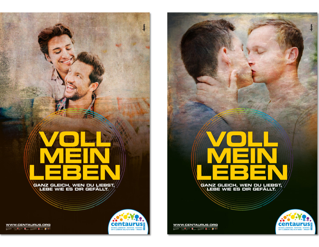 Centaurus Coming Out Plakate, Sensibilisierungskampagne 2016: „Voll mein Leben“ schwule gay-Männer küssen sich. Plakatkampagne lgbtt lgbtiq von Waldemar Kerschbaumer, Werbeagentur adpassion in Bozen, Südtirol