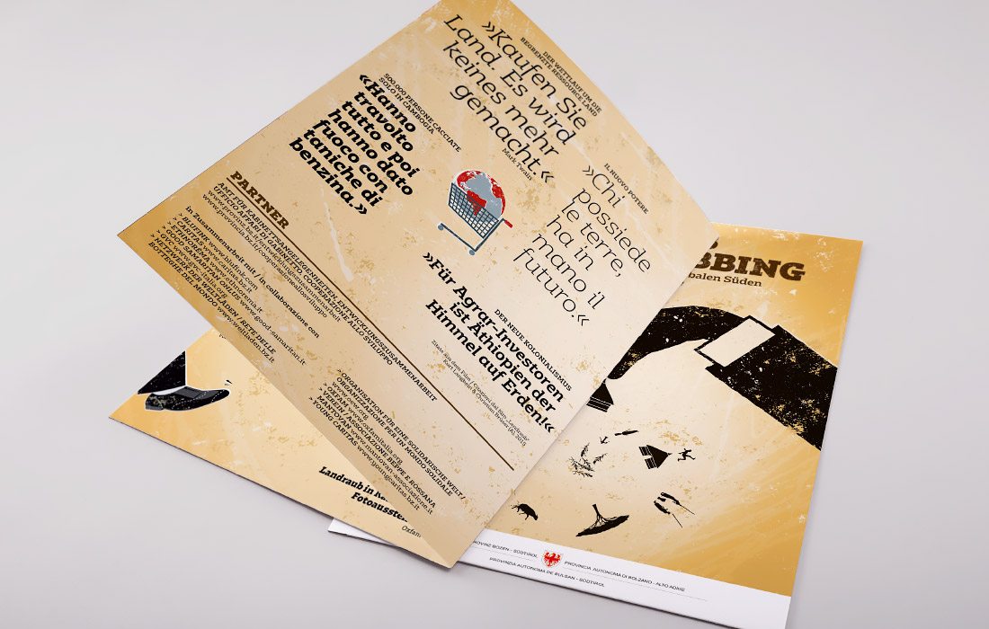 Folder zum Thema Land Grabbing, Landraub in Afrika insbesondere Äthiopien. organisiert vom Amt für Kabinettsangelegenheiten Südtirol, Design von adpassion, Waldemar Kerschbaumer, Bozen