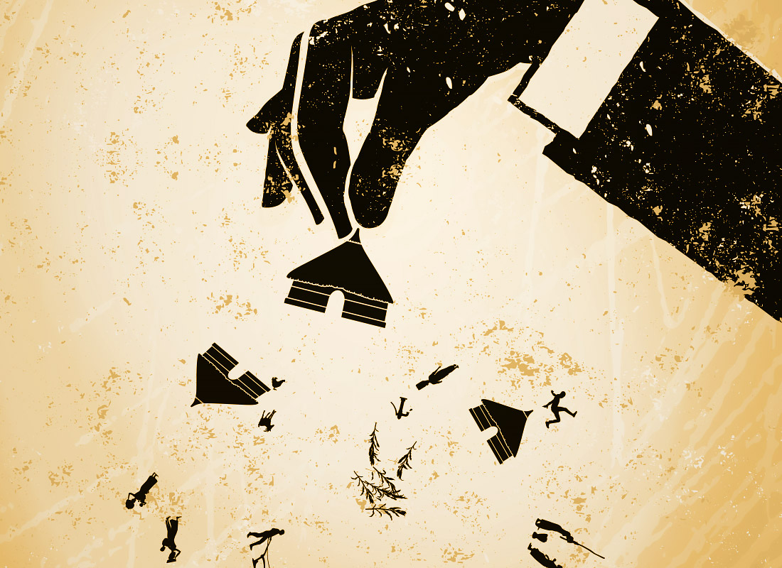 Landgrabbing, Landraub: Detail Plakat mit schwarzen Illustrationen auf erdfarbem Hintergrund. Die schmutzige Hand symbolisiert die schmutzigen Geschäfte der Großunternehmen im Globalen Süden der Welt. Grafik Südtirol, adpassion.
