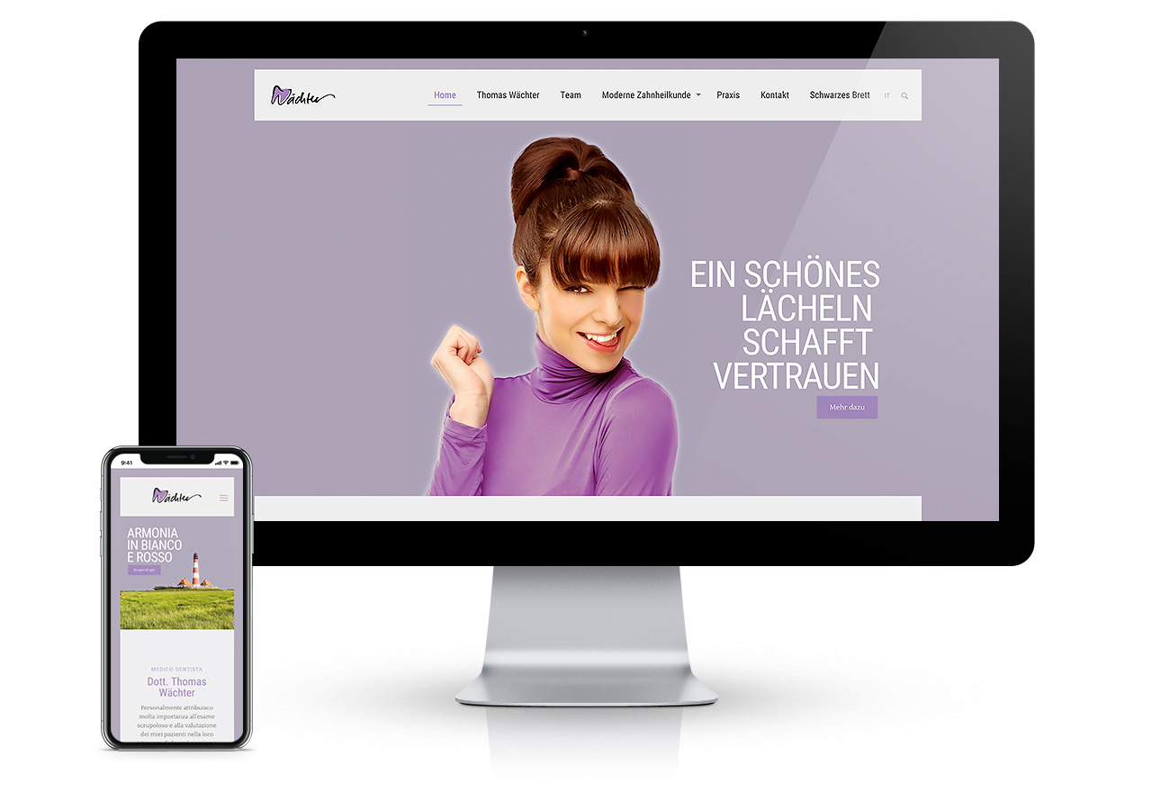 Webdesign in Bozen, Südtirol. Programmierung einer zweisprachigen, modernen und schnellen Website für Zahnarzt Dr. Thomas Wächter. Konzeption von Waldemar Kerschbaumer, adpassion Webagentur.