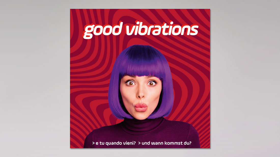 Beate Uhse Italien - Kampagne ”Good vibrations“ der Erotik Boutique mittels Postkarte, Einladung zum Opening. Design adpassion, waldemar kerschbaumer, Bozen.