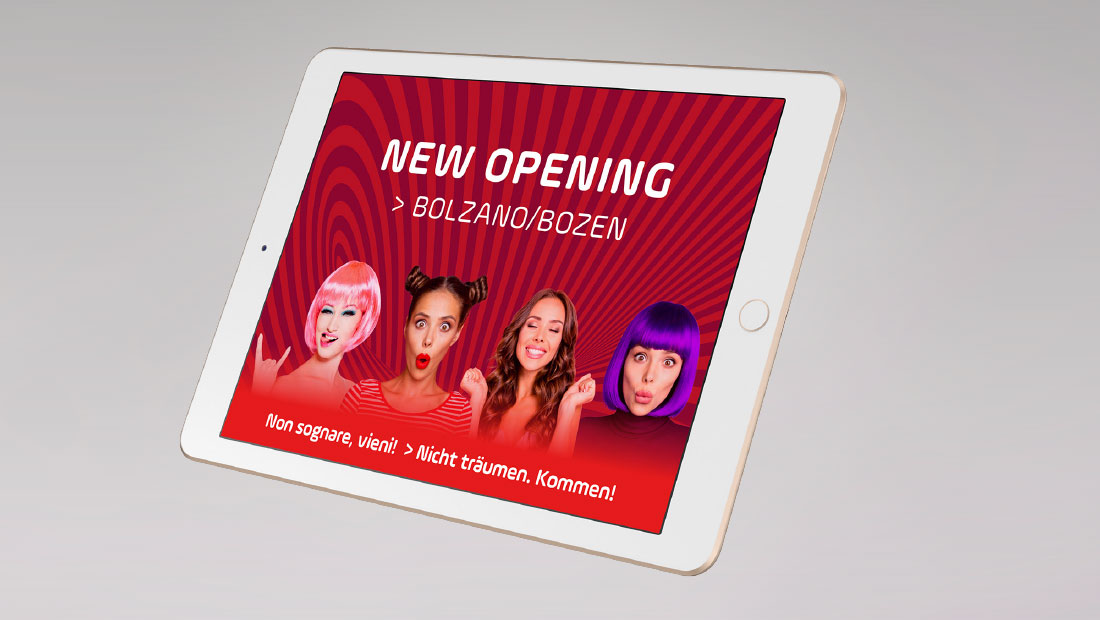Beate Uhse Italien - New opening a Bolzano, Bozen. Erotik Boutique Südtirol. Design adpassion werbeagentur Bozen.