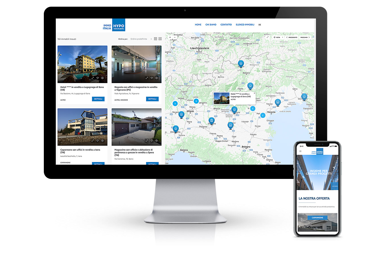 Webdesign in Bozen, Südtirol. Programmierung einer Website für eine Immobilienagentur, Suche nach Immobilien auf einer Karte, Italien. Auftraggeber: Hypo Vorarlberg Immo Italien. Technik: Wordpress-CMS.