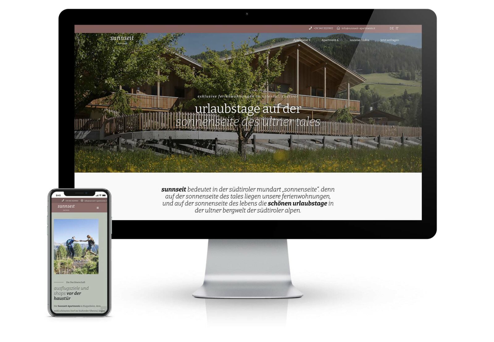 Website in Südtirol für Ferienwohnungen Apartments Sunnseit im Ultental. Buchungen des Gästehauses (hotel booking) über Website. Programmierung und Design Waldemar Kerschbaumer.